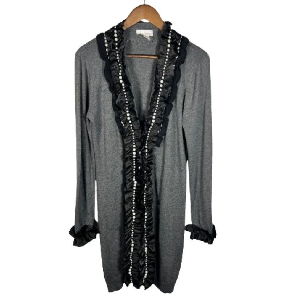 Womens Embellished Long Cardigan Sweater Sz L Whimsigoth Pearls Ruffles Feminine